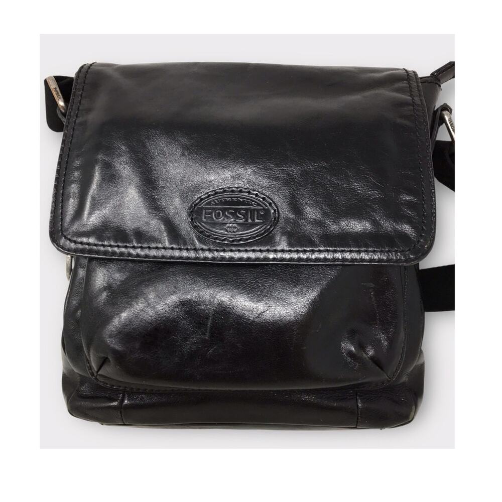 Fossil Black Leather Messenger Large Bag Crossbody Purse  Unisex Utility
